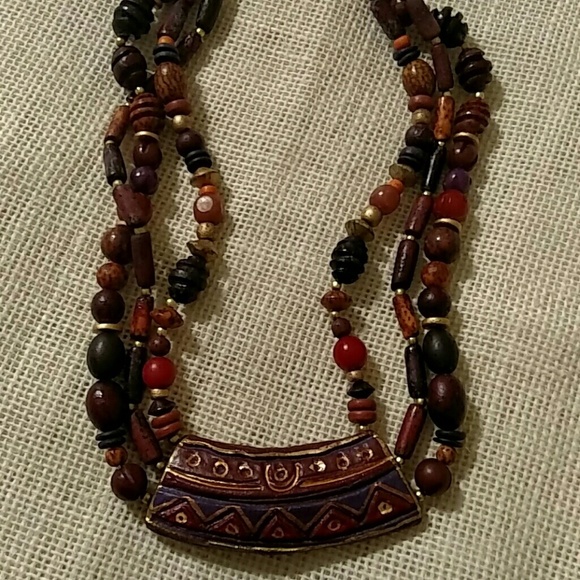 Bohemian Wood Beaded Brown Red And Black Long Chunky Necklace OS - Picture 1 of 3